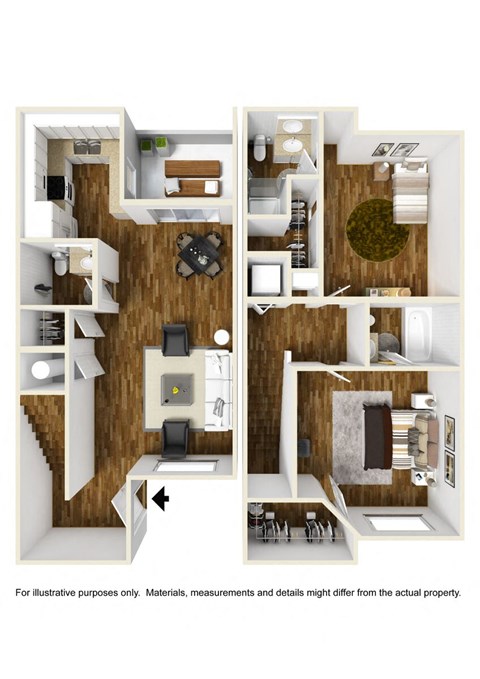 Floor plan for 2 beds, 2.5 baths, 980 sqft